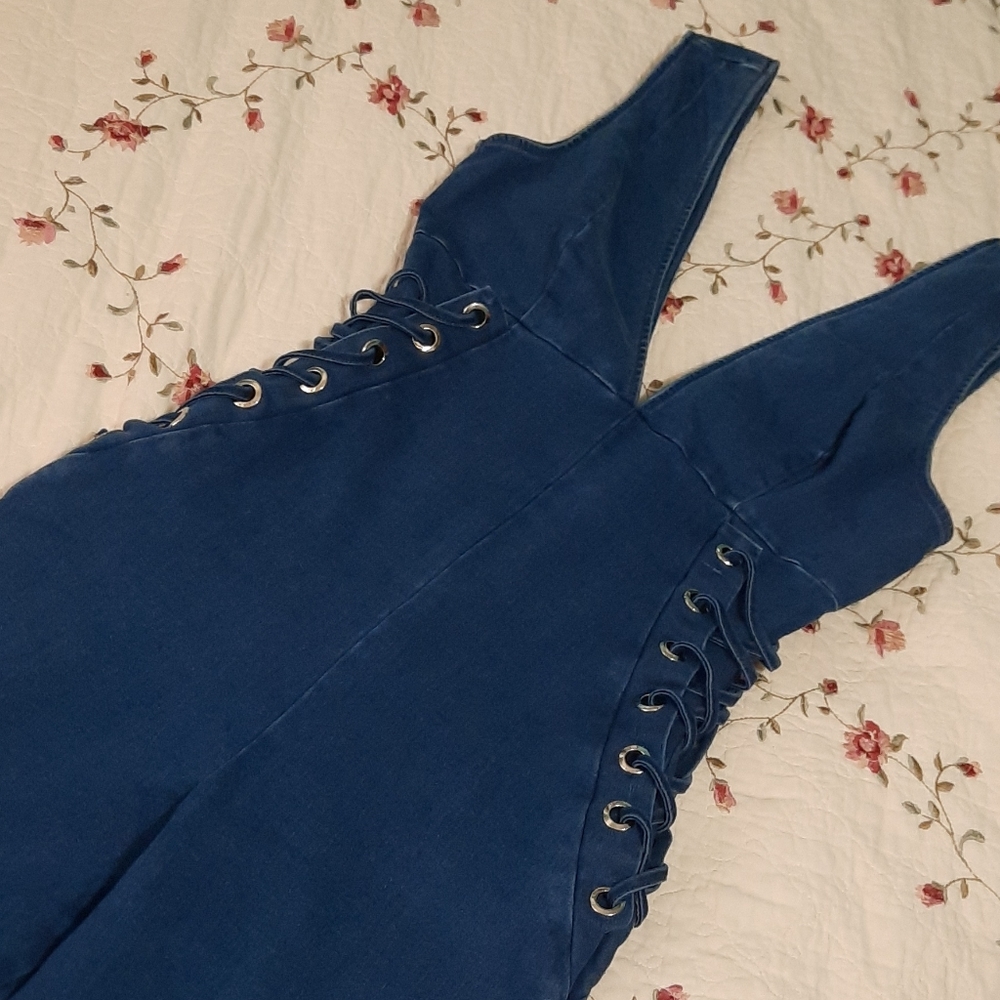 Denim jumpsuit side lace detail v neckline